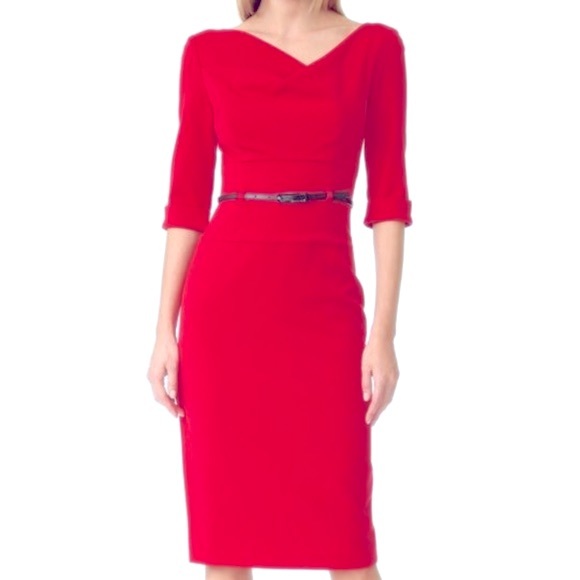 Black Halo Red Pink Belted Jackie O 3/4 Sleeve Dress Crepe Textured Size 4 - Picture 6 of 8